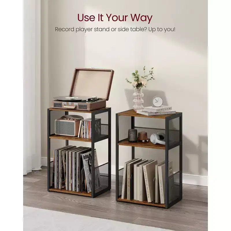 3 - Tier Record Player Stand & Side Table - Holds up to 100 Vinyl Records, Ideal for Living & Bedroom