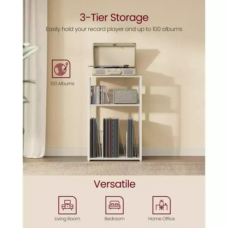 3 - Tier Record Player Stand & Side Table - Holds up to 100 Vinyl Records, Ideal for Living & Bedroom