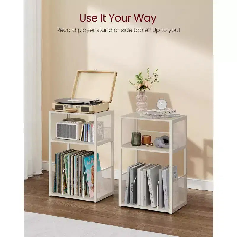 3 - Tier Record Player Stand & Side Table - Holds up to 100 Vinyl Records, Ideal for Living & Bedroom