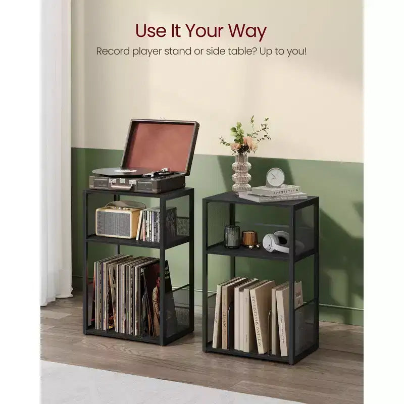 3 - Tier Record Player Stand & Side Table - Holds up to 100 Vinyl Records, Ideal for Living & Bedroom