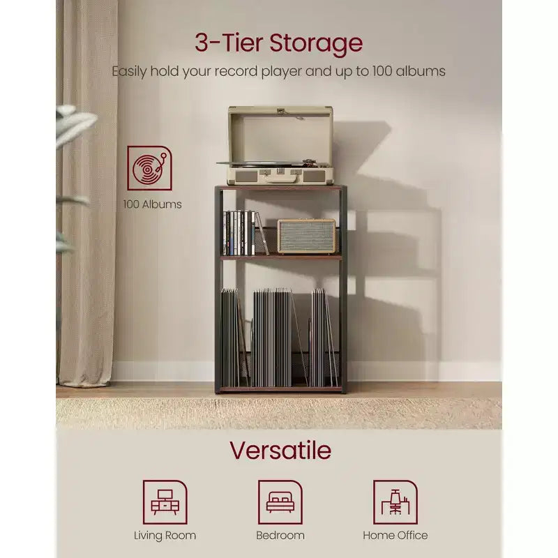 3 - Tier Record Player Stand & Side Table - Holds up to 100 Vinyl Records, Ideal for Living & Bedroom