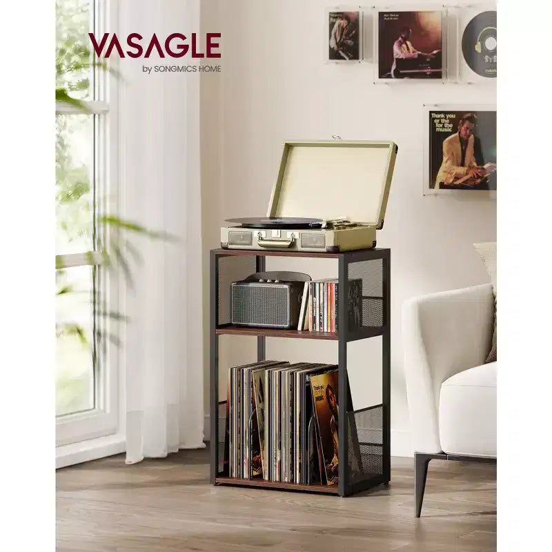 3 - Tier Record Player Stand & Side Table - Holds up to 100 Vinyl Records, Ideal for Living & Bedroom