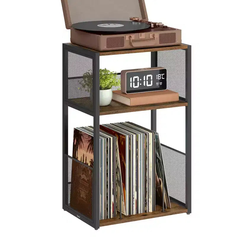 3 - Tier Record Player Stand & Side Table - Holds up to 100 Vinyl Records, Ideal for Living & Bedroom