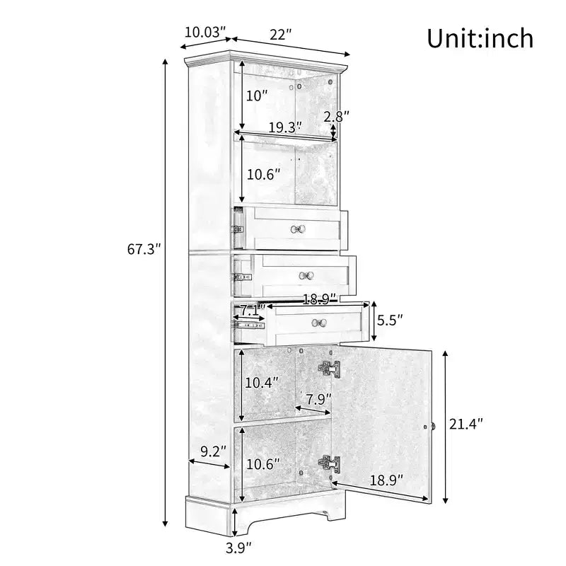 Vertical Storage Cabinet with Drawers and Adjustable Shelves for Bathroom, Study, Office and Interior