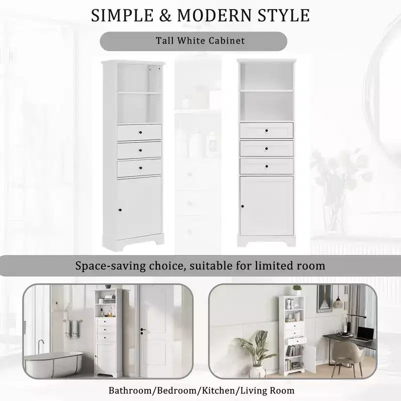 Vertical Storage Cabinet with Drawers and Adjustable Shelves for Bathroom, Study, Office and Interior