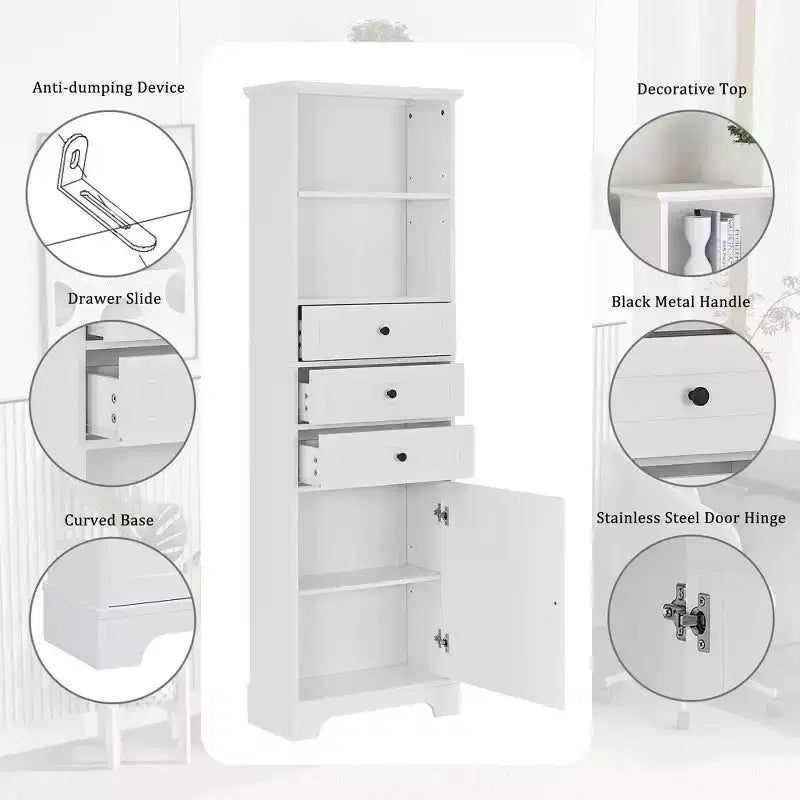 Vertical Storage Cabinet with Drawers and Adjustable Shelves for Bathroom, Study, Office and Interior