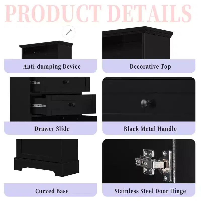 Vertical Storage Cabinet with Drawers and Adjustable Shelves for Bathroom, Study, Office and Interior