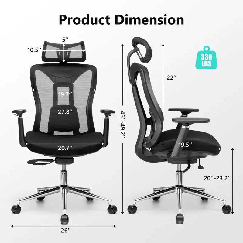 Chaise de bureau ergonomique avec appui-tête 3D, accoudoirs 2D, dossier en maille, inclinaison à 135 degrés, capacité de 150 kg, chaise de bureau avec support lombaire dynamique