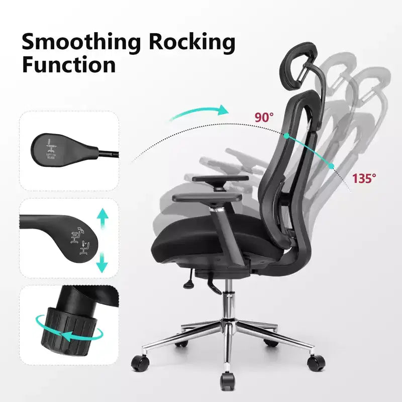 Chaise de bureau ergonomique avec appui-tête 3D, accoudoirs 2D, dossier en maille, inclinaison à 135 degrés, capacité de 150 kg, chaise de bureau avec support lombaire dynamique