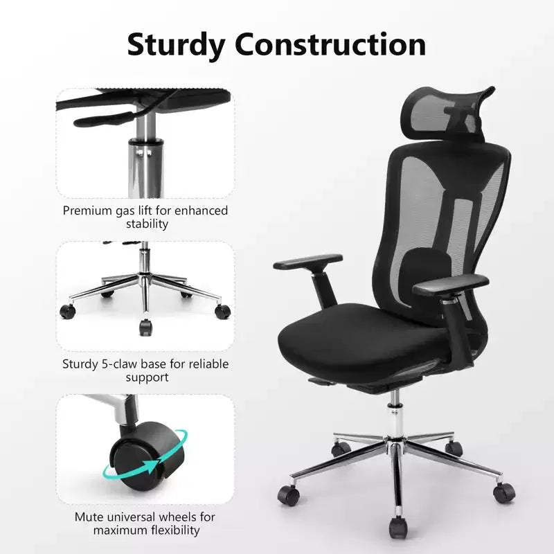 Chaise de bureau ergonomique avec appui-tête 3D, accoudoirs 2D, dossier en maille, inclinaison à 135 degrés, capacité de 150 kg, chaise de bureau avec support lombaire dynamique