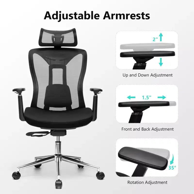 Chaise de bureau ergonomique avec appui-tête 3D, accoudoirs 2D, dossier en maille, inclinaison à 135 degrés, capacité de 150 kg, chaise de bureau avec support lombaire dynamique