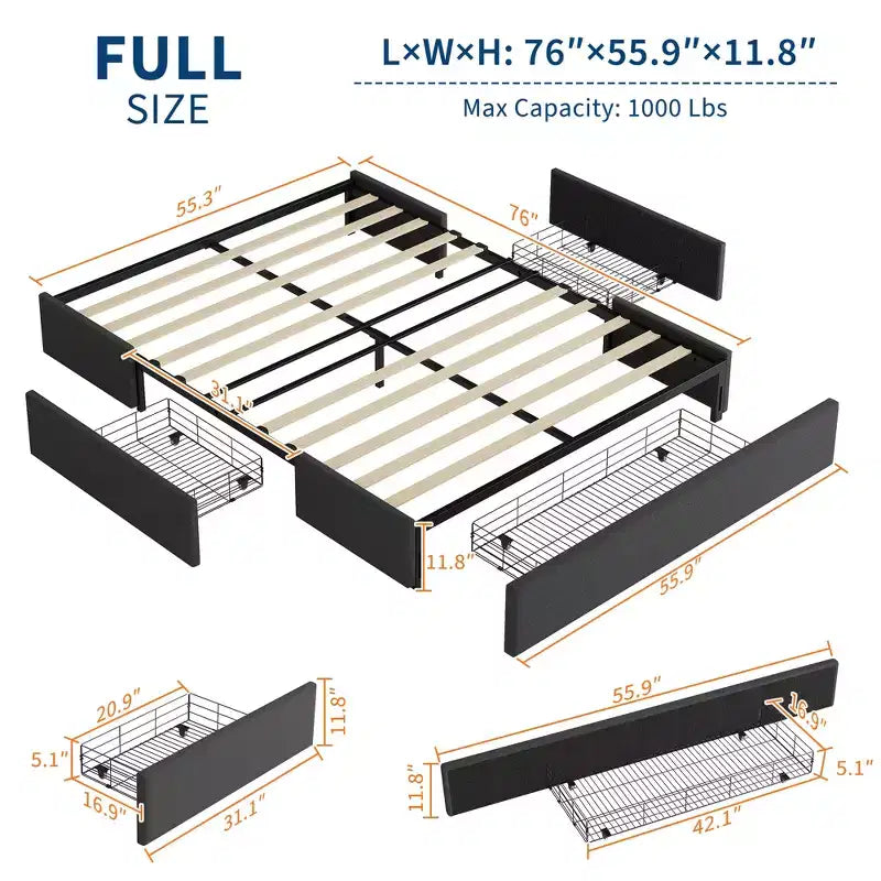 Bed Frame with 3 Storage Drawers, Fabric Upholstered Platform Bed with Wooden Slats, No Box Spring Needed, Easy Assembly, Grey