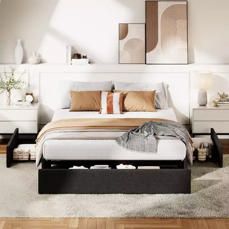 Bed Frame with 3 Storage Drawers, Fabric Upholstered Platform Bed with Wooden Slats, No Box Spring Needed, Easy Assembly, Grey