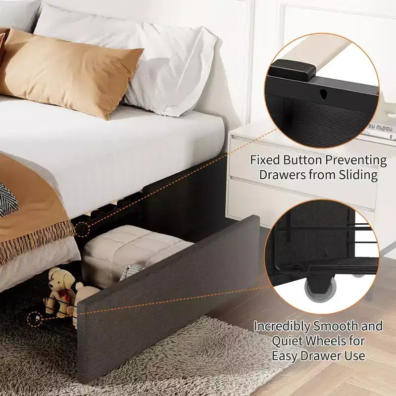 Bed Frame with 3 Storage Drawers, Fabric Upholstered Platform Bed with Wooden Slats, No Box Spring Needed, Easy Assembly, Grey