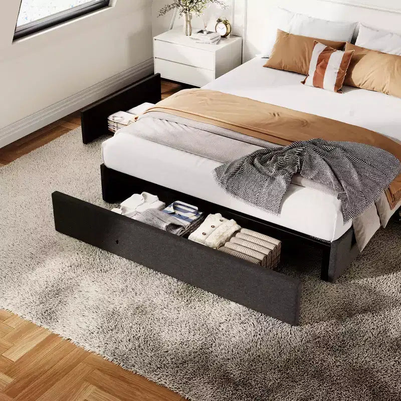 Bed Frame with 3 Storage Drawers, Fabric Upholstered Platform Bed with Wooden Slats, No Box Spring Needed, Easy Assembly, Grey