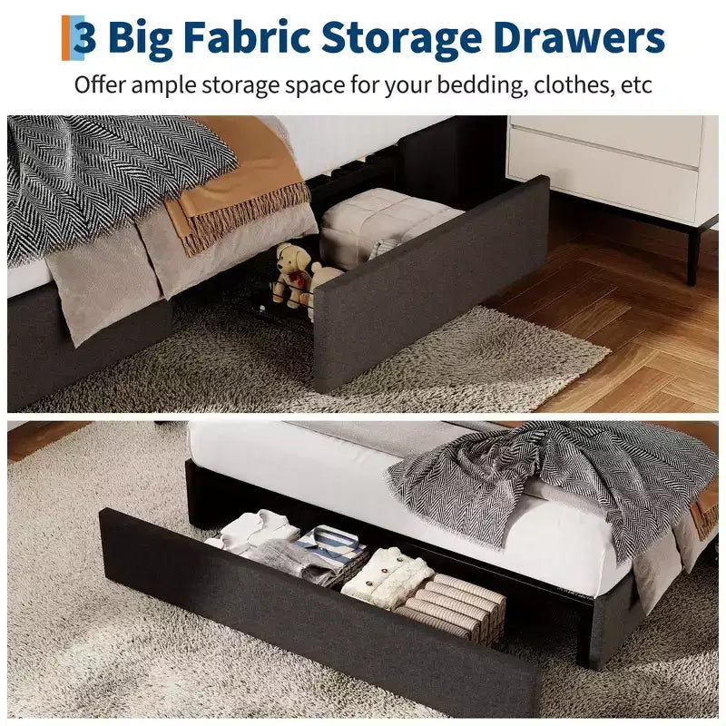 Bed Frame with 3 Storage Drawers, Fabric Upholstered Platform Bed with Wooden Slats, No Box Spring Needed, Easy Assembly, Grey