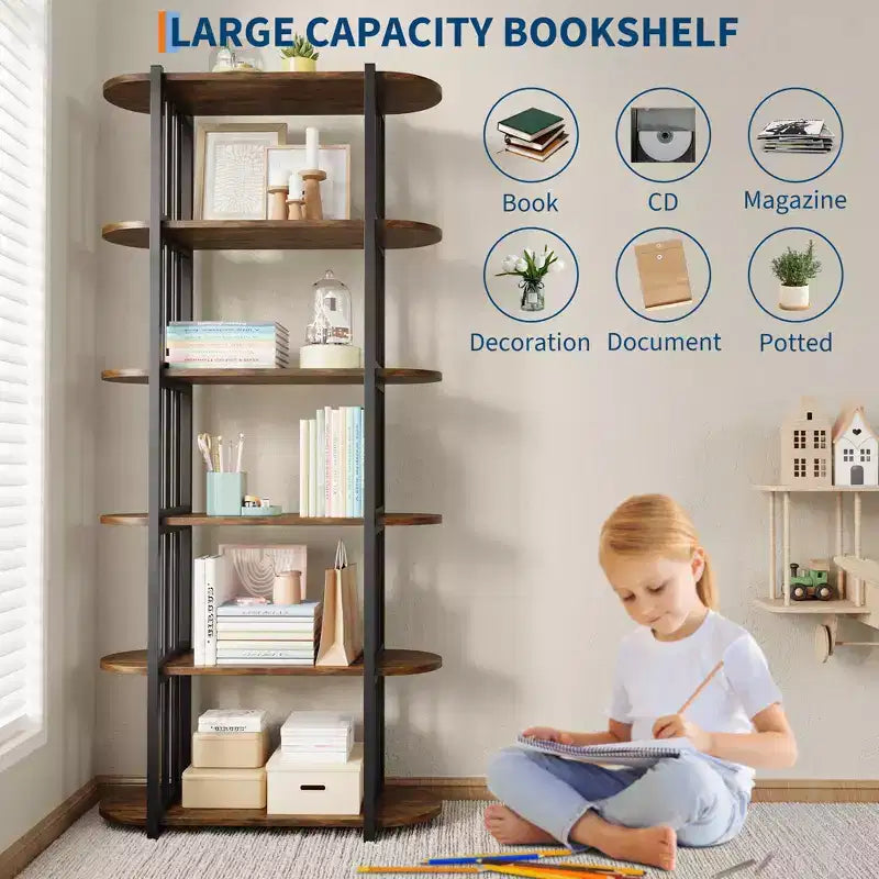 6-Tier Industrial Bookshelf - 71 Inch Tall Bookcase with Metal Frame & MDF Shelves, Freestanding Storage Book Shelf for Living Room, Bedroom, Home