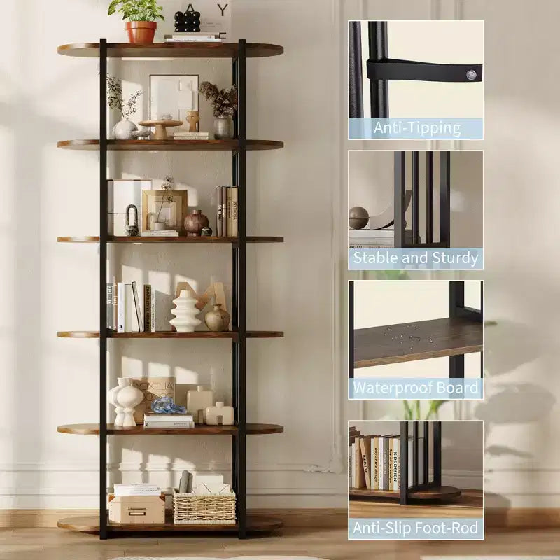 6-Tier Industrial Bookshelf - 71 Inch Tall Bookcase with Metal Frame & MDF Shelves, Freestanding Storage Book Shelf for Living Room, Bedroom, Home