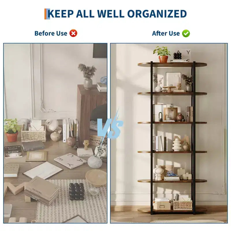 6-Tier Industrial Bookshelf - 71 Inch Tall Bookcase with Metal Frame & MDF Shelves, Freestanding Storage Book Shelf for Living Room, Bedroom, Home