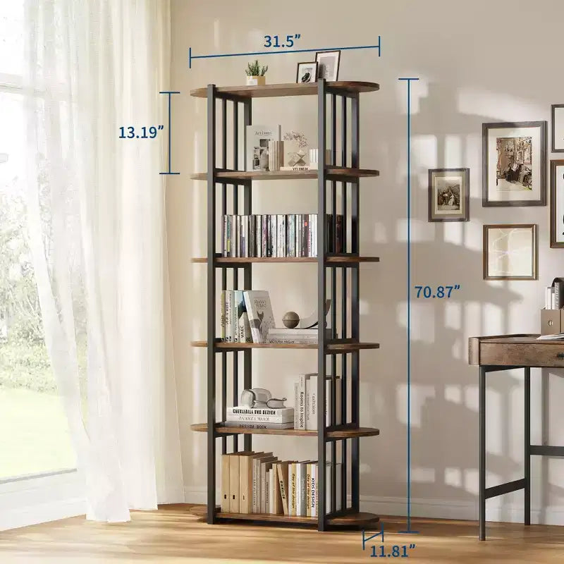 6-Tier Industrial Bookshelf - 71 Inch Tall Bookcase with Metal Frame & MDF Shelves, Freestanding Storage Book Shelf for Living Room, Bedroom, Home