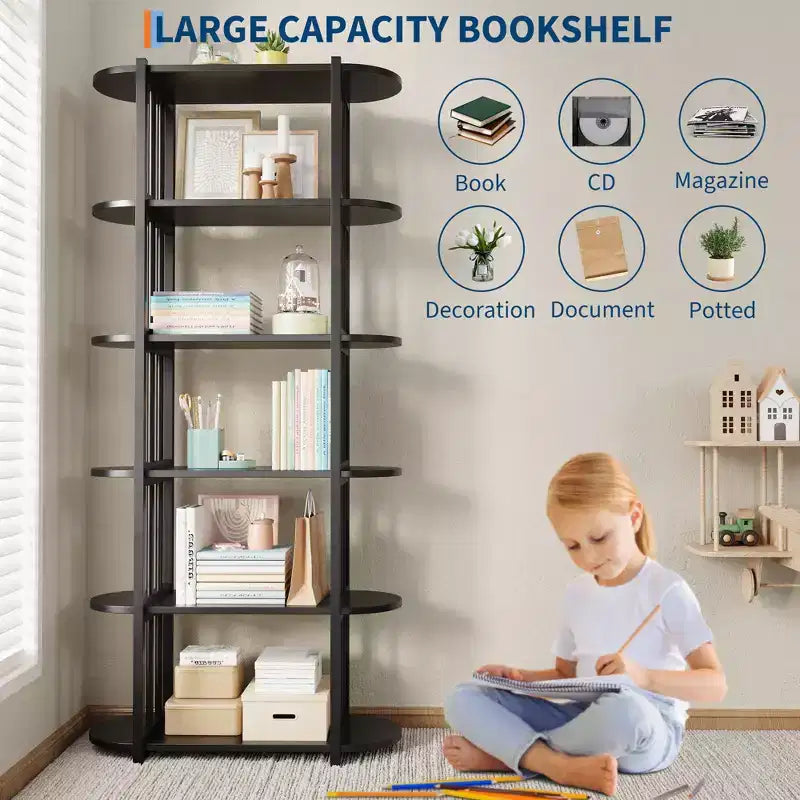 6-Tier Industrial Bookshelf - 71 Inch Tall Bookcase with Metal Frame & MDF Shelves, Freestanding Storage Book Shelf for Living Room, Bedroom, Home