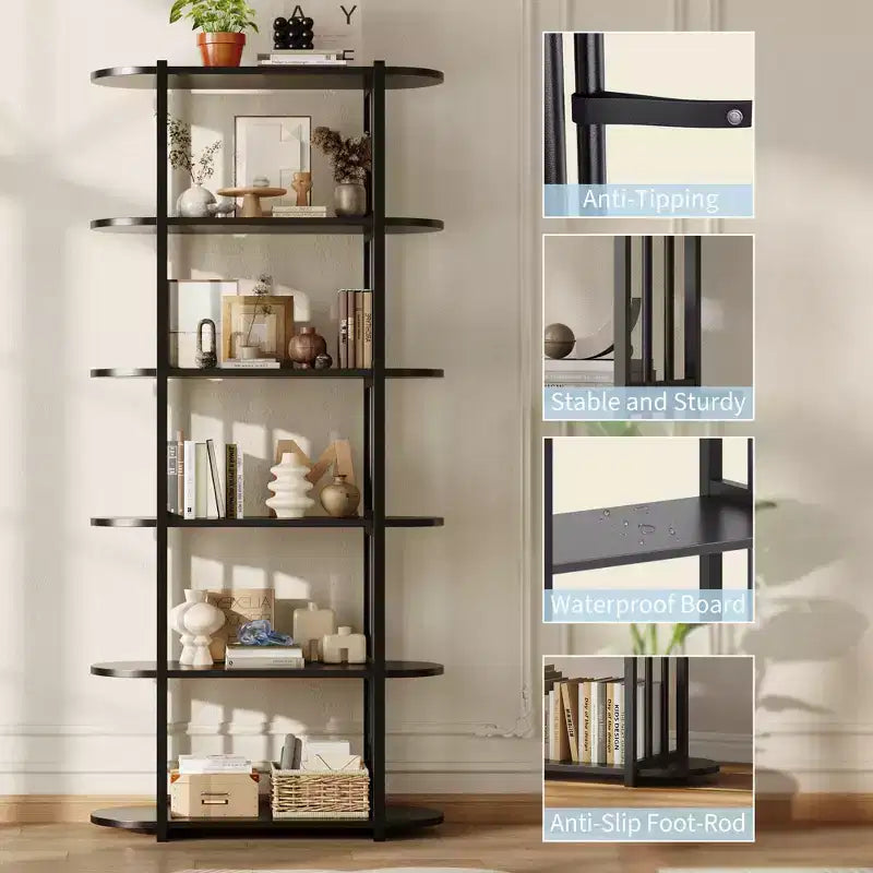 6-Tier Industrial Bookshelf - 71 Inch Tall Bookcase with Metal Frame & MDF Shelves, Freestanding Storage Book Shelf for Living Room, Bedroom, Home