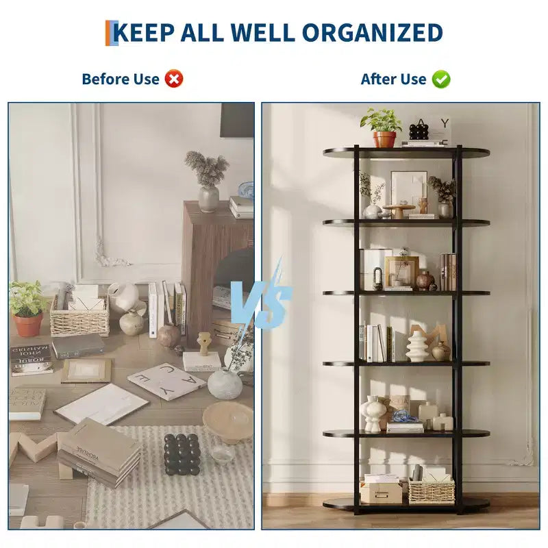 6-Tier Industrial Bookshelf - 71 Inch Tall Bookcase with Metal Frame & MDF Shelves, Freestanding Storage Book Shelf for Living Room, Bedroom, Home
