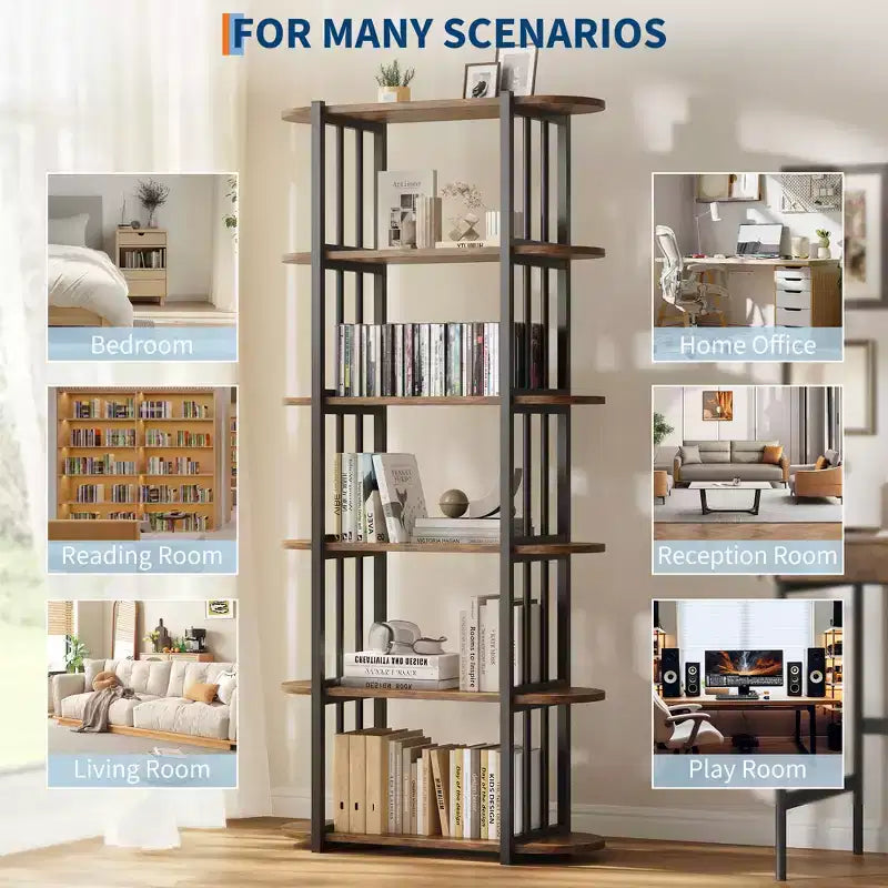 6-Tier Industrial Bookshelf - 71 Inch Tall Bookcase with Metal Frame & MDF Shelves, Freestanding Storage Book Shelf for Living Room, Bedroom, Home