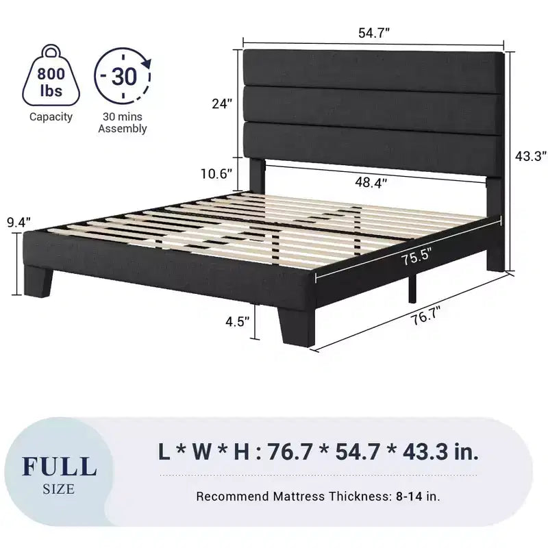 Bed Frame with Upholstered Headboard, Wooden Slats Support, Dark Grey Mattress Foundation