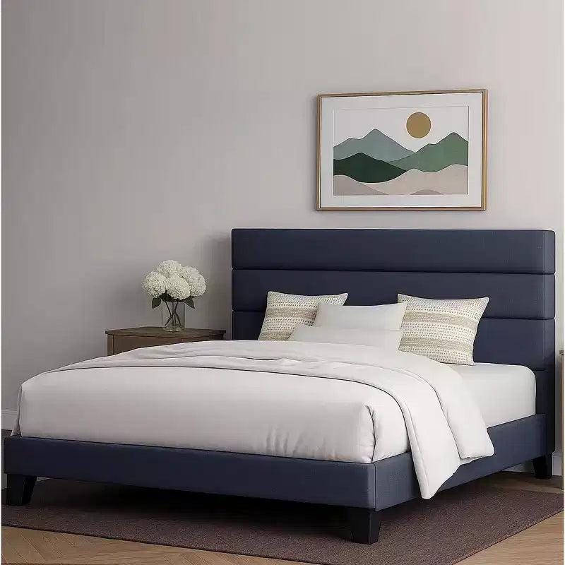 Bed Frame with Upholstered Headboard, Wooden Slats Support, Dark Grey Mattress Foundation