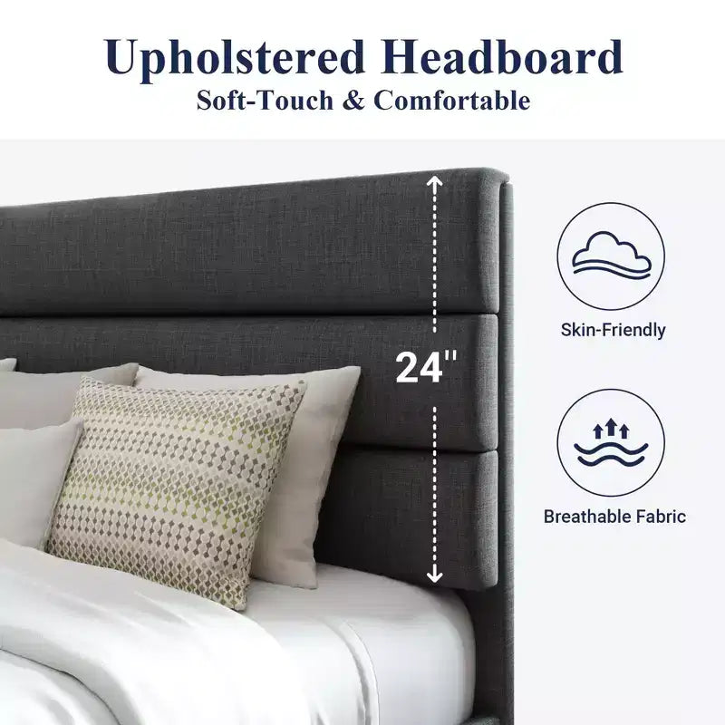 Bed Frame with Upholstered Headboard, Wooden Slats Support, Dark Grey Mattress Foundation
