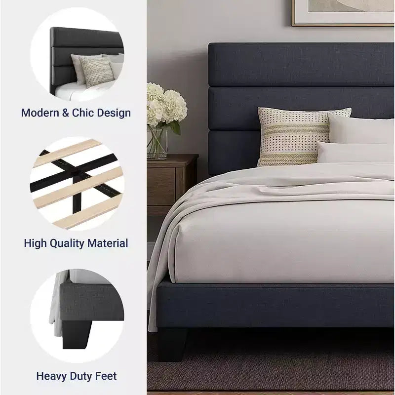 Bed Frame with Upholstered Headboard, Wooden Slats Support, Dark Grey Mattress Foundation