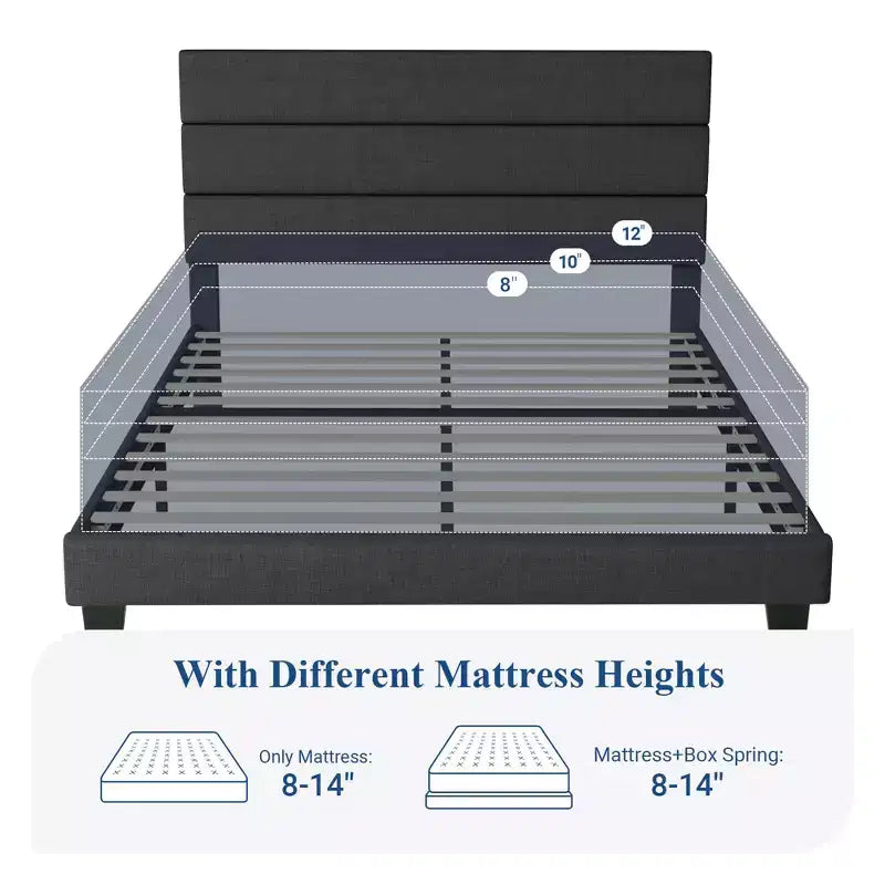 Bed Frame with Upholstered Headboard, Wooden Slats Support, Dark Grey Mattress Foundation