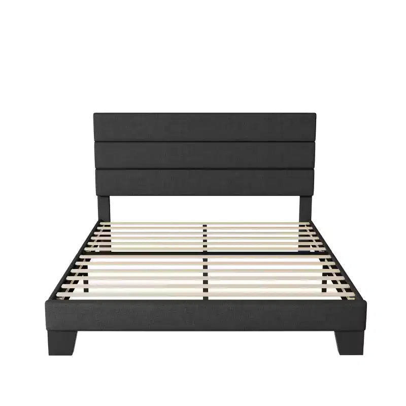 Bed Frame with Upholstered Headboard, Wooden Slats Support, Dark Grey Mattress Foundation