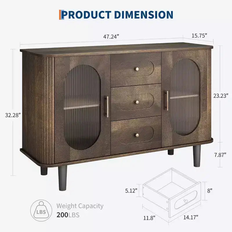 47" Sideboard Buffet Cabinet with 2 Fluted Glass Doors & 3 Drawers, Modern Farmhouse Accent Coffee Bar with Adjustable Shelves