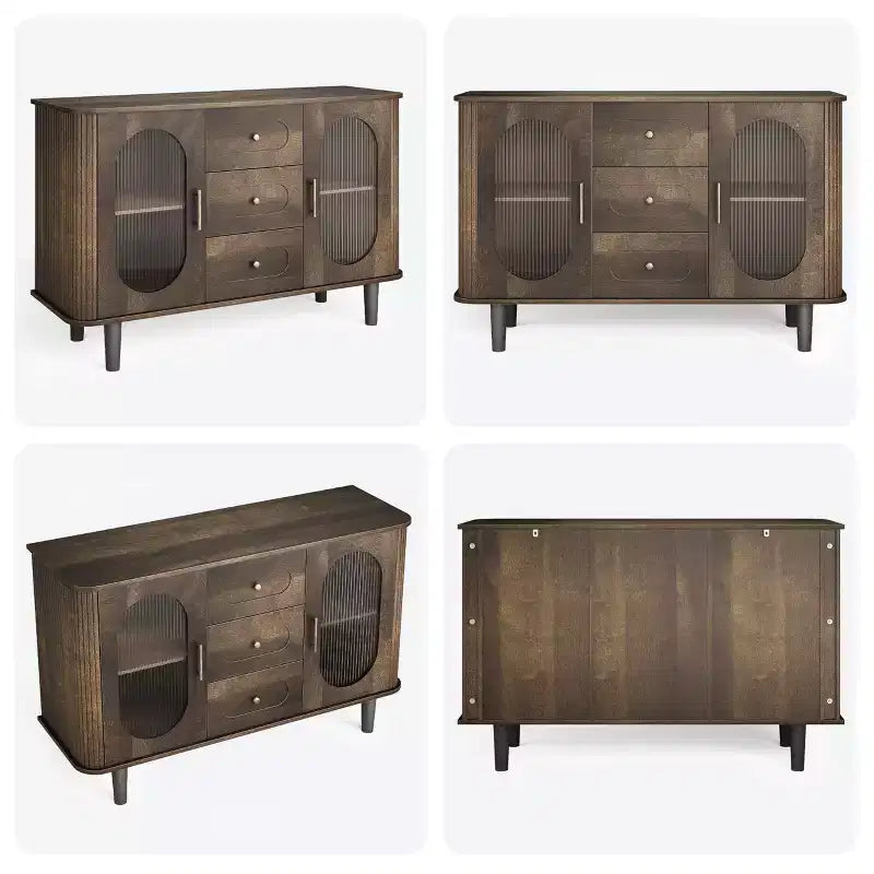 47" Sideboard Buffet Cabinet with 2 Fluted Glass Doors & 3 Drawers, Modern Farmhouse Accent Coffee Bar with Adjustable Shelves