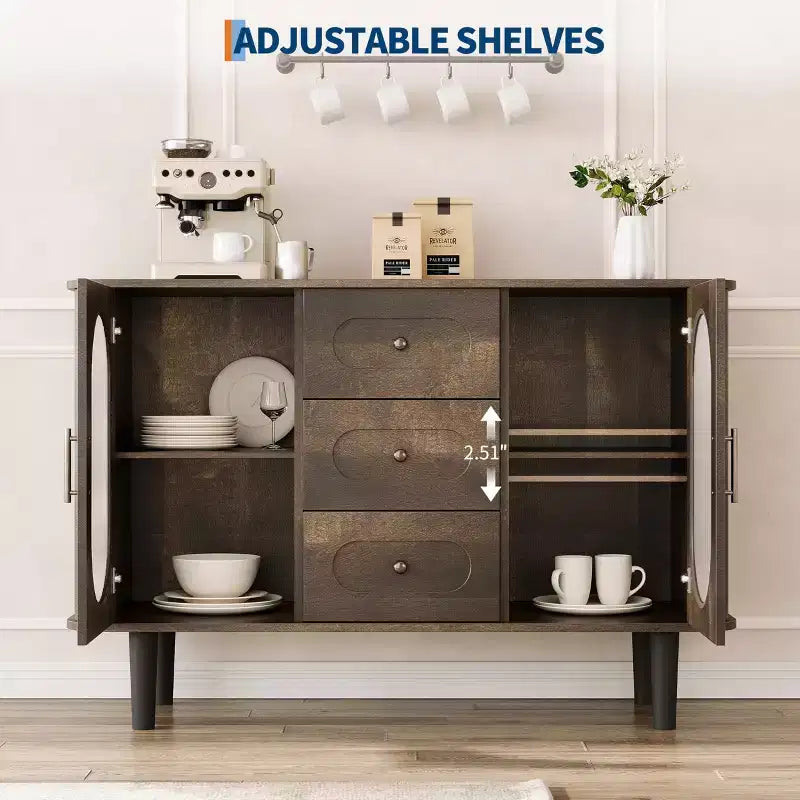 47" Sideboard Buffet Cabinet with 2 Fluted Glass Doors & 3 Drawers, Modern Farmhouse Accent Coffee Bar with Adjustable Shelves