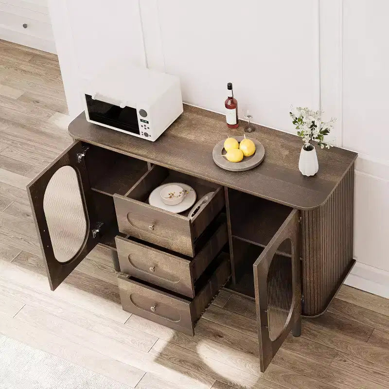 47" Sideboard Buffet Cabinet with 2 Fluted Glass Doors & 3 Drawers, Modern Farmhouse Accent Coffee Bar with Adjustable Shelves