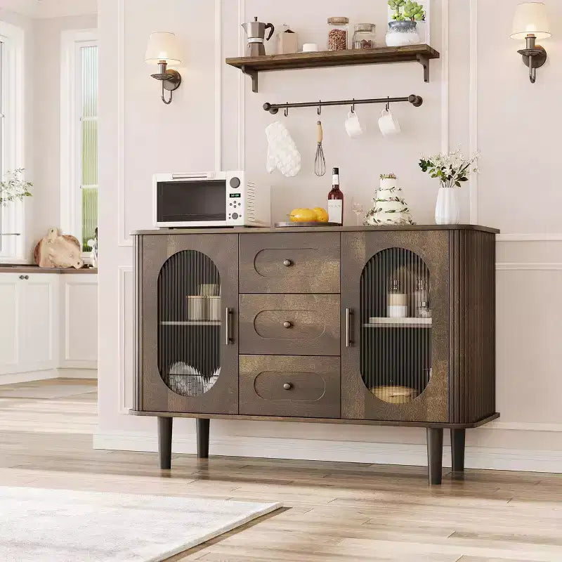 47" Sideboard Buffet Cabinet with 2 Fluted Glass Doors & 3 Drawers, Modern Farmhouse Accent Coffee Bar with Adjustable Shelves