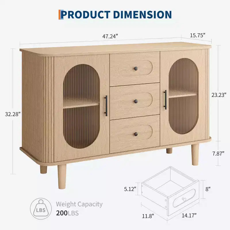 47" Sideboard Buffet Cabinet with 2 Fluted Glass Doors & 3 Drawers, Modern Farmhouse Accent Coffee Bar with Adjustable Shelves