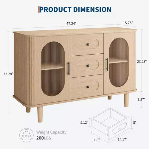 Buffet de 120 cm avec 2 portes vitrées cannelées et 3 tiroirs, meuble d'appoint de style ferme moderne avec étagères réglables