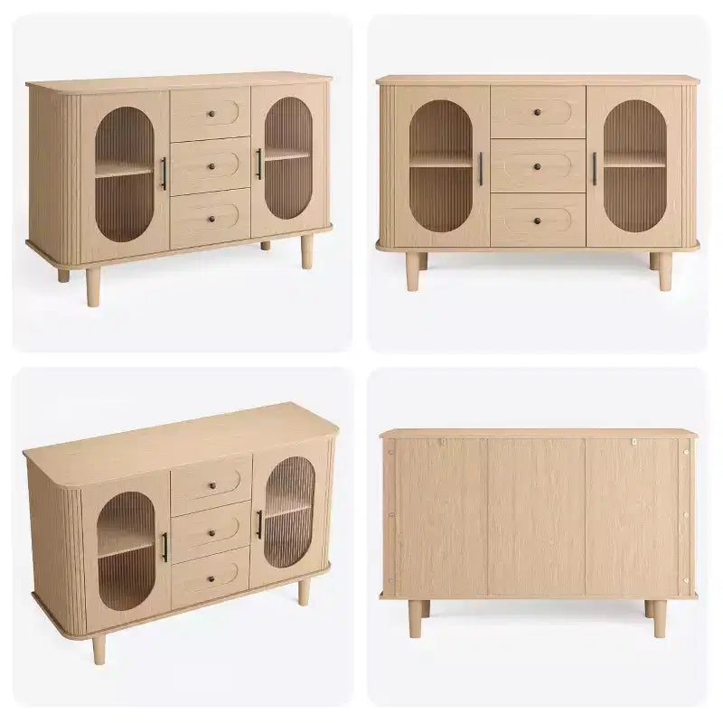 47" Sideboard Buffet Cabinet with 2 Fluted Glass Doors & 3 Drawers, Modern Farmhouse Accent Coffee Bar with Adjustable Shelves