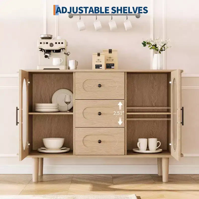 47" Sideboard Buffet Cabinet with 2 Fluted Glass Doors & 3 Drawers, Modern Farmhouse Accent Coffee Bar with Adjustable Shelves