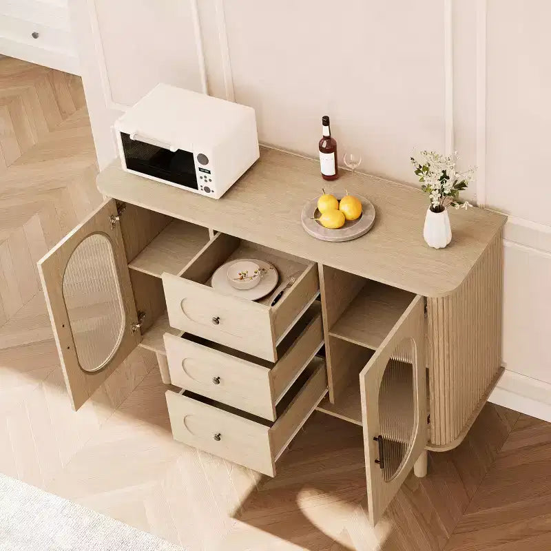 47" Sideboard Buffet Cabinet with 2 Fluted Glass Doors & 3 Drawers, Modern Farmhouse Accent Coffee Bar with Adjustable Shelves