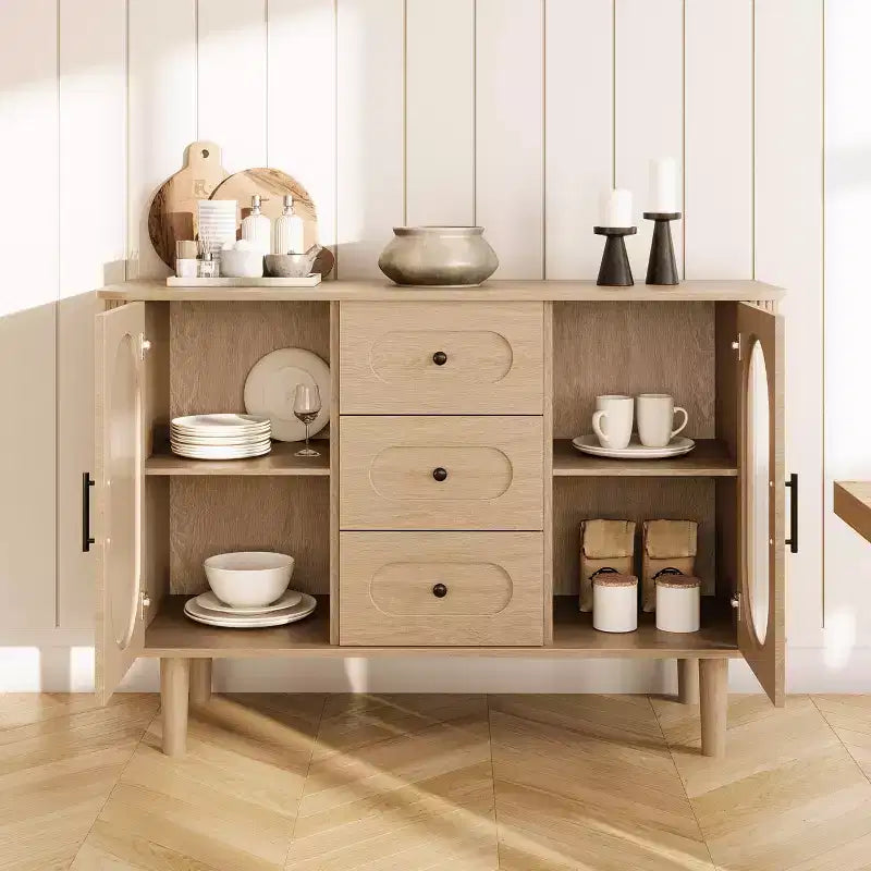 47" Sideboard Buffet Cabinet with 2 Fluted Glass Doors & 3 Drawers, Modern Farmhouse Accent Coffee Bar with Adjustable Shelves