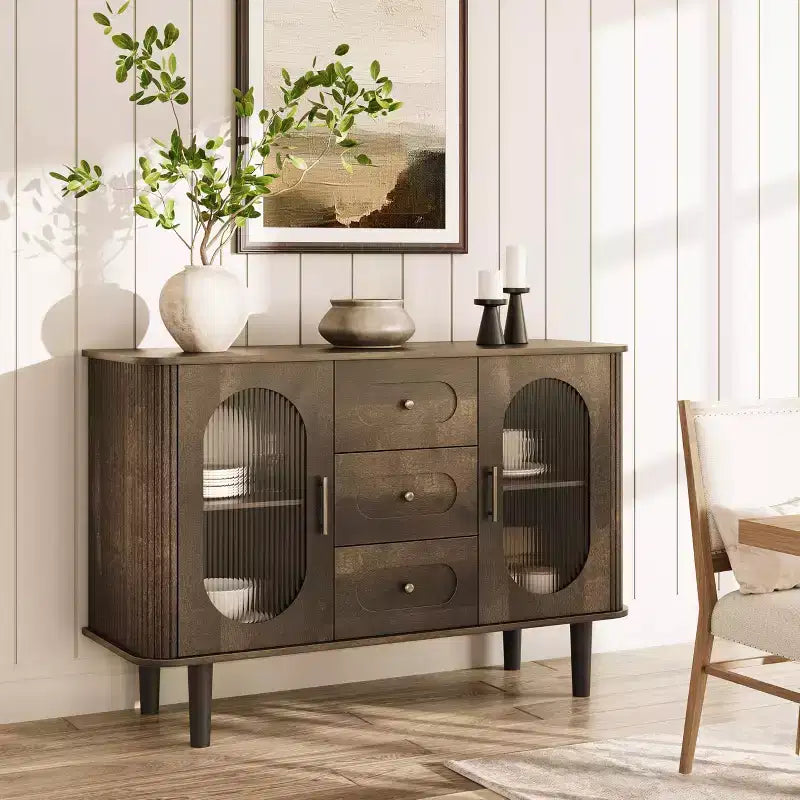 47" Sideboard Buffet Cabinet with 2 Fluted Glass Doors & 3 Drawers, Modern Farmhouse Accent Coffee Bar with Adjustable Shelves