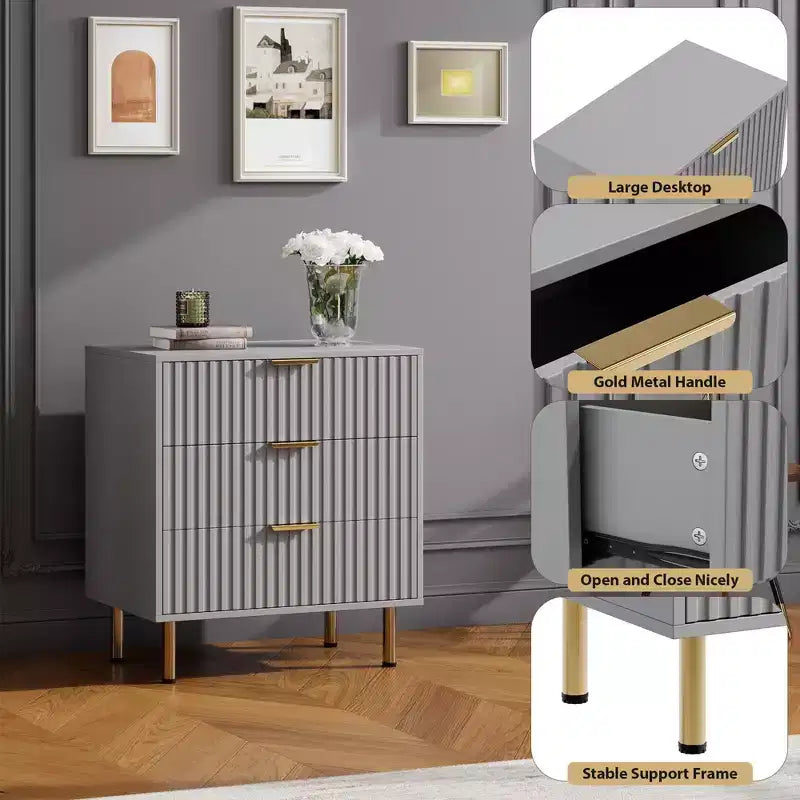 3 Drawer Dresser for Bedroom, Fluted Modern Nightstand with Deep Drawers, Chest of Drawers with Wide Top, Wooden Dresser Organizer, Side Table
