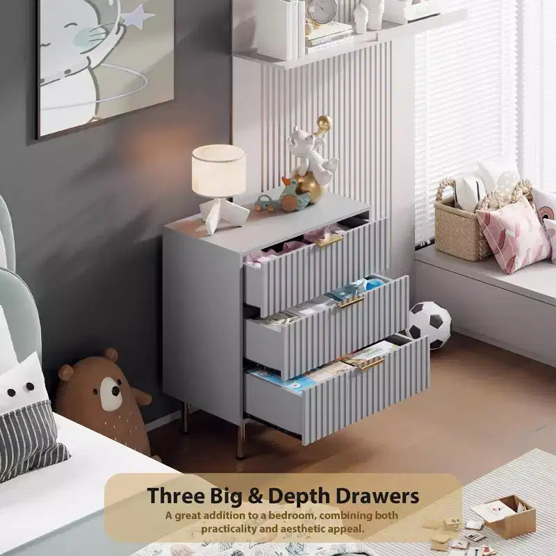 3 Drawer Dresser for Bedroom, Fluted Modern Nightstand with Deep Drawers, Chest of Drawers with Wide Top, Wooden Dresser Organizer, Side Table