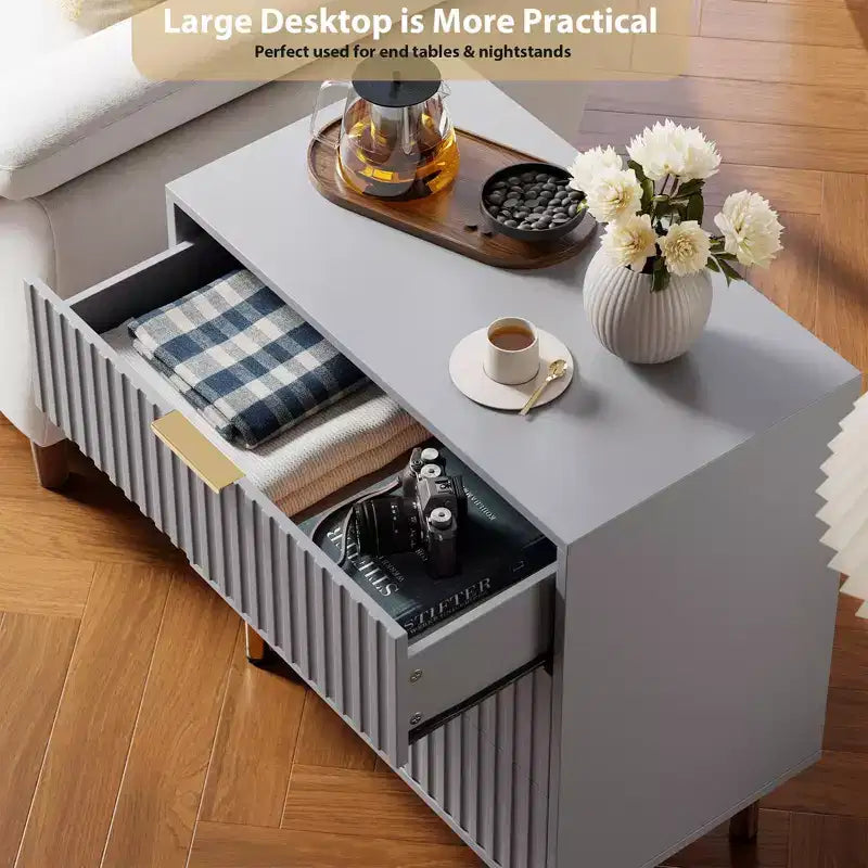 3 Drawer Dresser for Bedroom, Fluted Modern Nightstand with Deep Drawers, Chest of Drawers with Wide Top, Wooden Dresser Organizer, Side Table