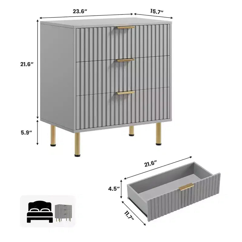 3 Drawer Dresser for Bedroom, Fluted Modern Nightstand with Deep Drawers, Chest of Drawers with Wide Top, Wooden Dresser Organizer, Side Table